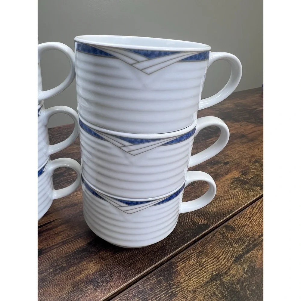 Lot Of 6 Contemporary Noritake Tea Cups Arctic Blue Ribbed Very Nice
